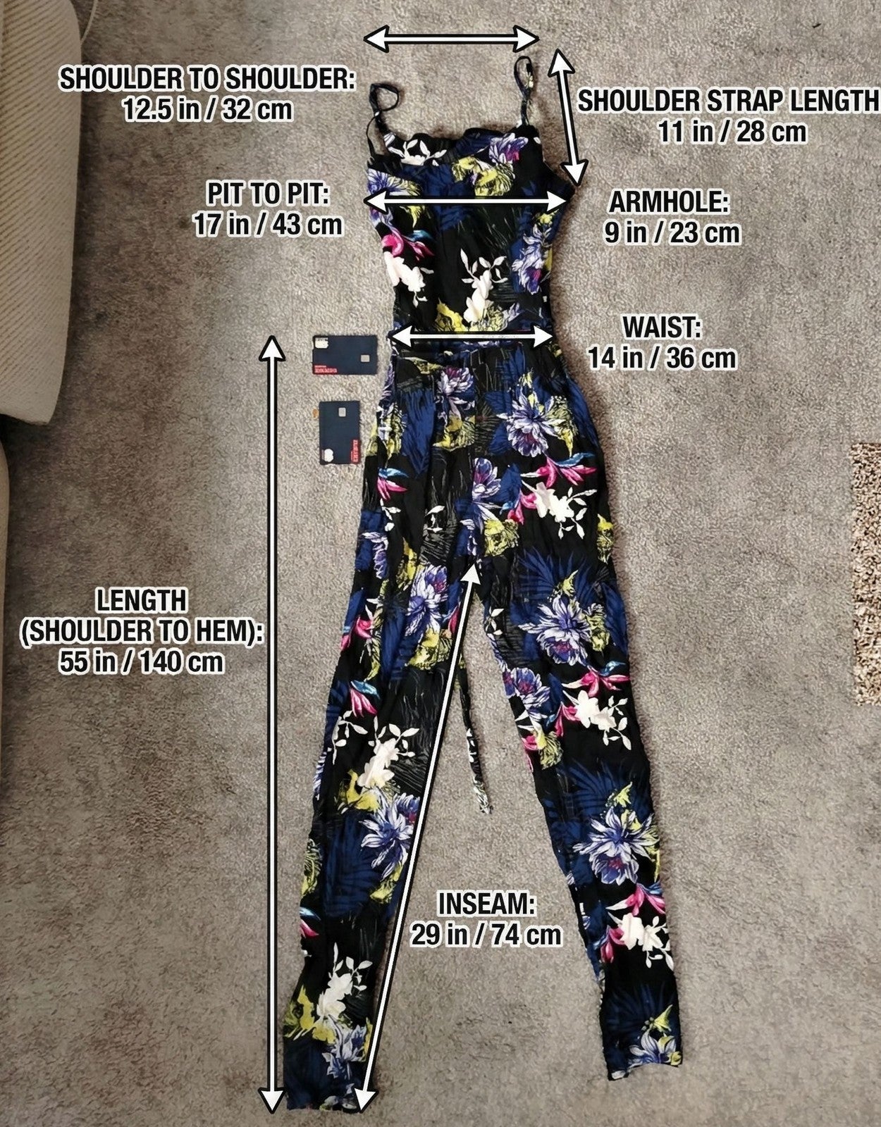 Womens Jumpsuit Spaghetti Strap Belted Floral Print Navy Black Summer Pockets