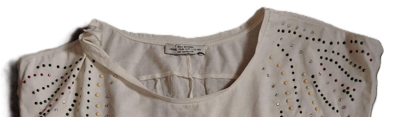 Nice Dreams Women's Cream Top Beaded Studded Embellished Cap Sleeve Boho Size L