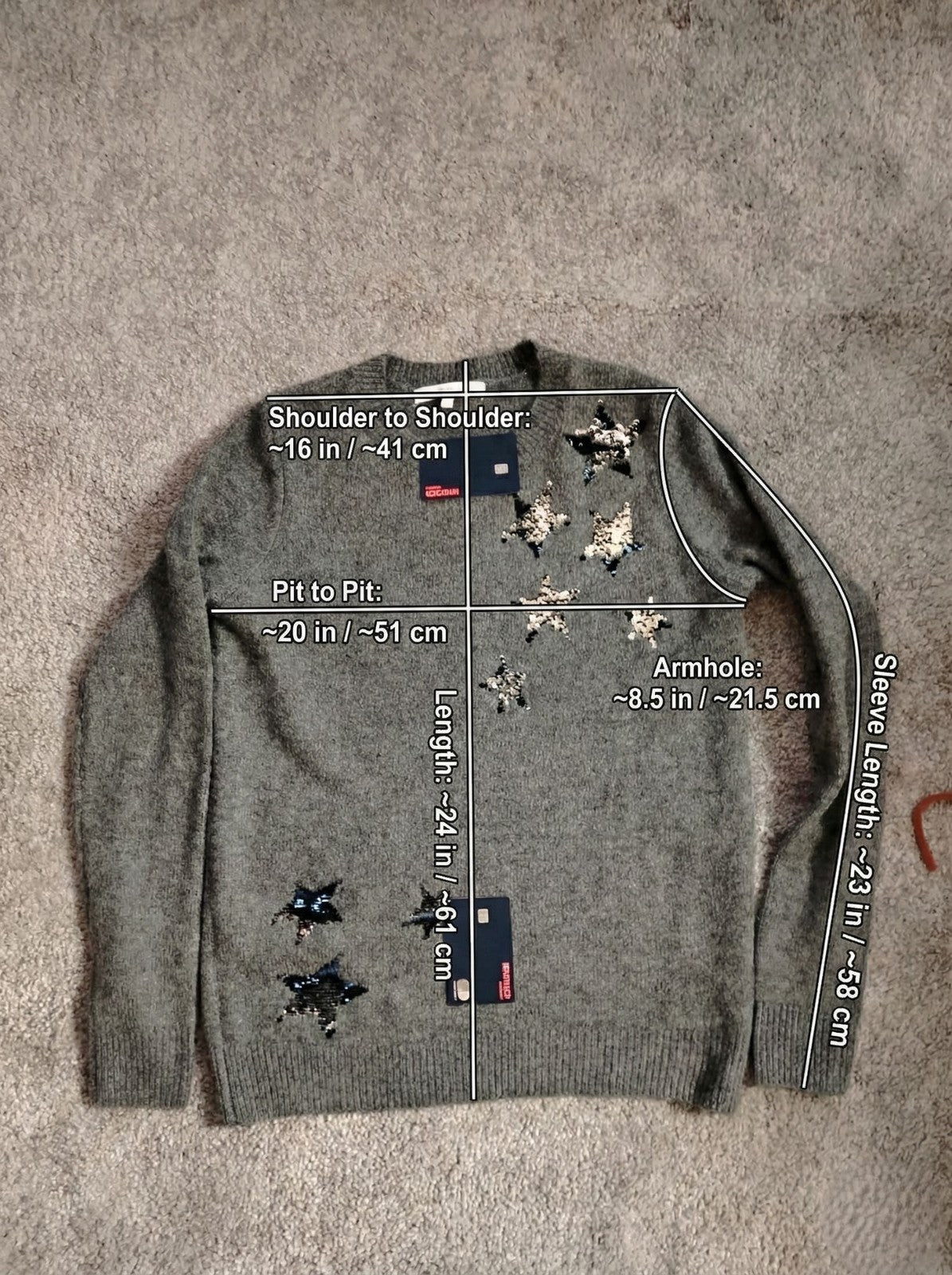 Next Knitwear Sweater Womens 8 Gray Sequin Star Embellished Crew Neck Long