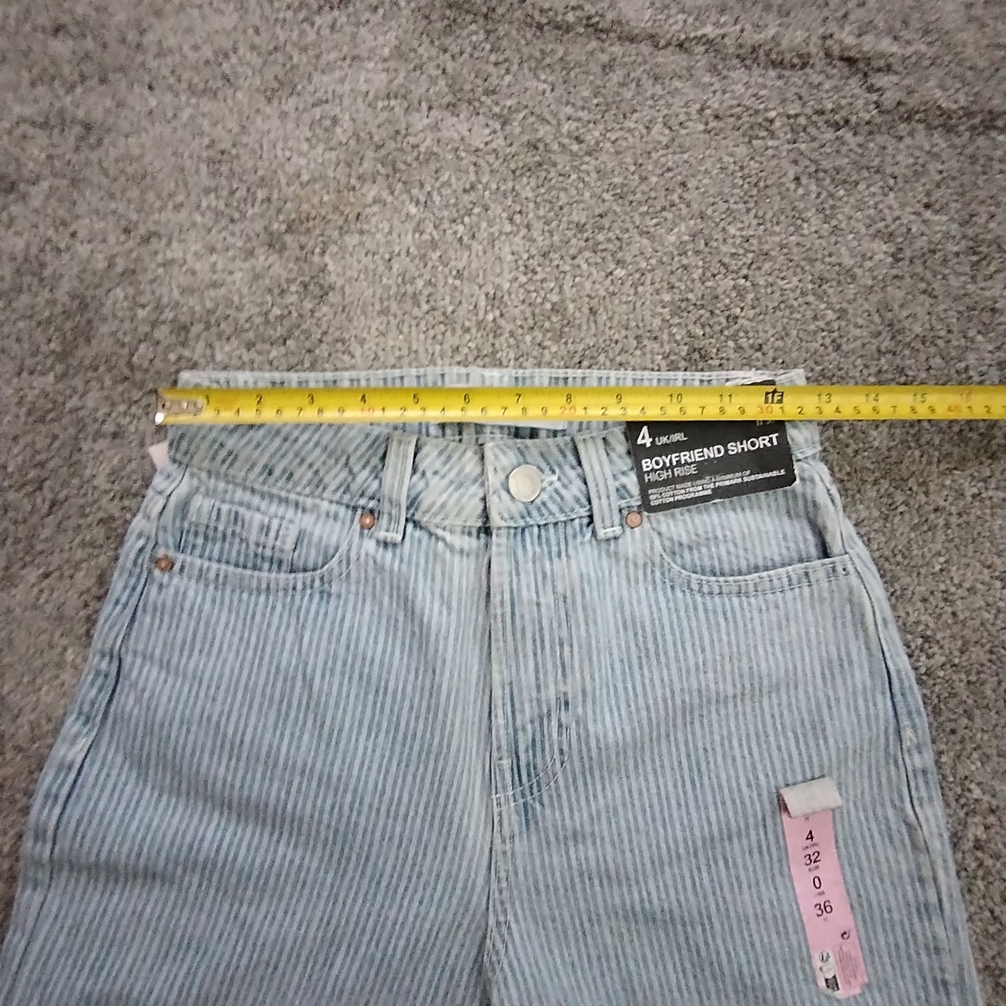 Denim Shorts Women's UK4 Boyfriend High Rise Light Blue Striped Frayed Raw Hem