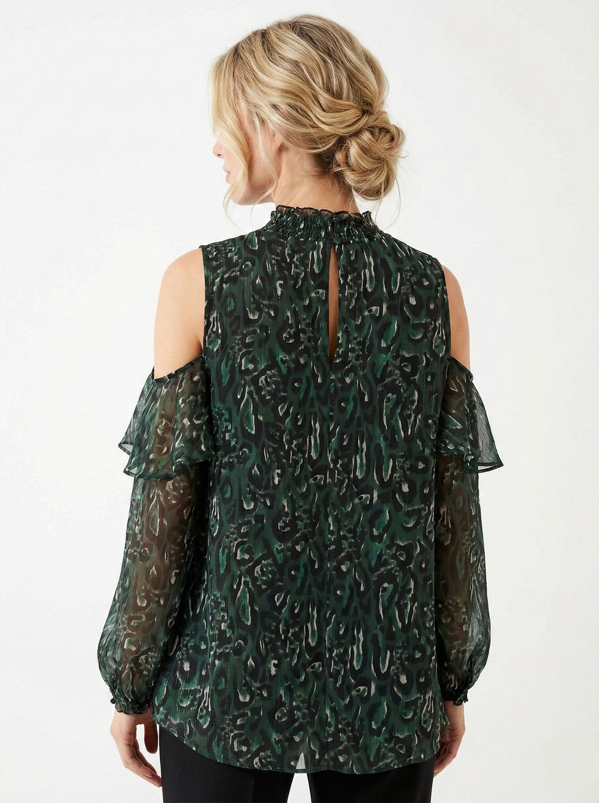 Yours London Blouse Womens UK 30-32 Green Sheer Cold Shoulder Smocked Sleeve