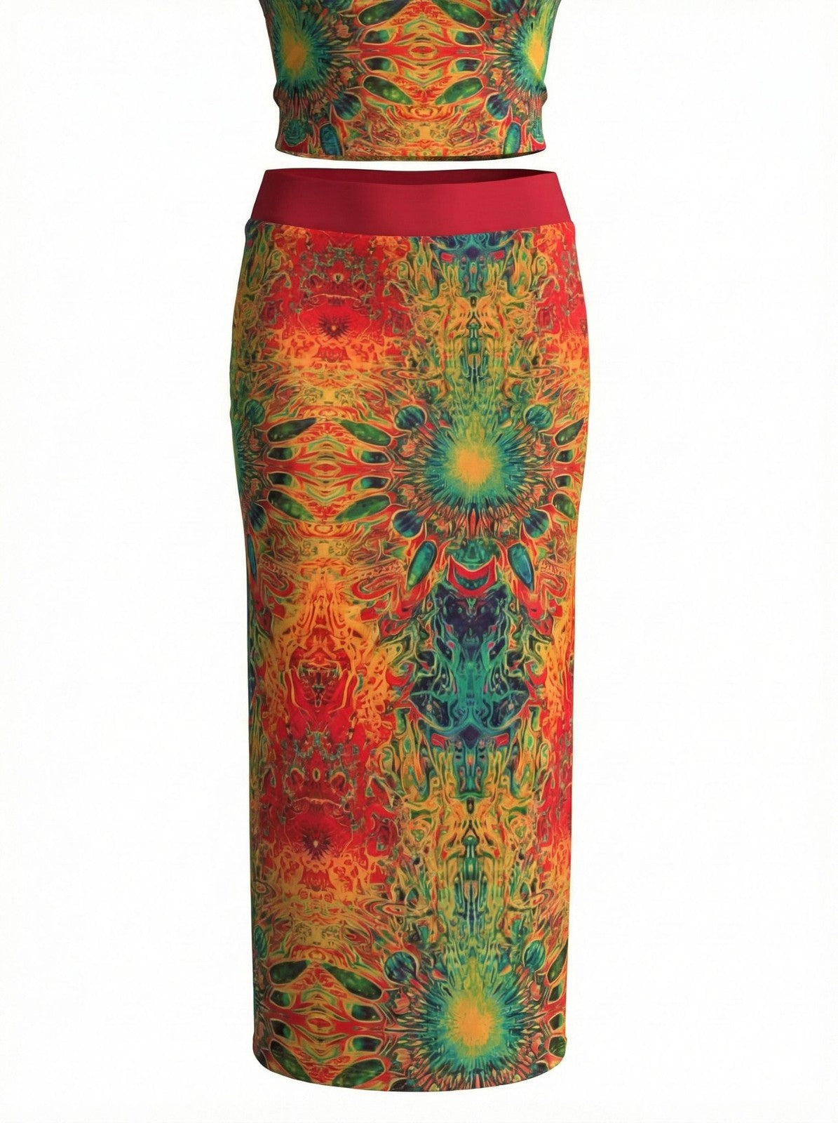MUSERA Skirt Womens L Maxi Psychedelic Print Foldover Waist Long Skirt Stretch