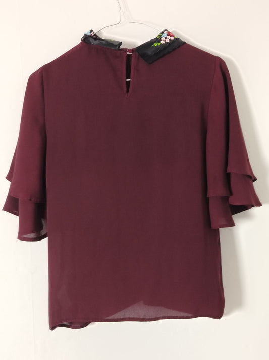 New Look Blouse Womens UK 8 Burgundy Embroidered Peter Pan Collar Ruffle Sleeve