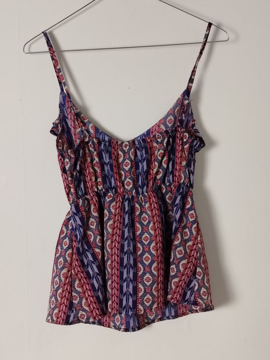 Pre-Loved Top Womens Cami Spaghetti Strap Ruffle Bust Elastic Waist Blue Red