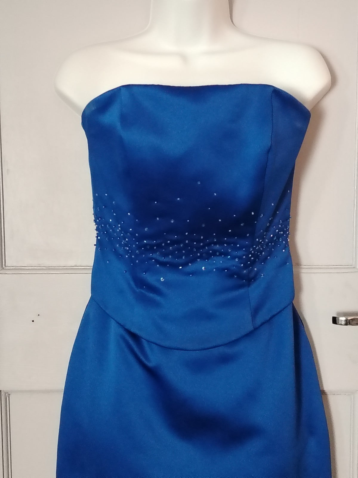 Romantica Royal Blue Satin Evening Prom Dress Beaded Corset Maxi Approx UK 8