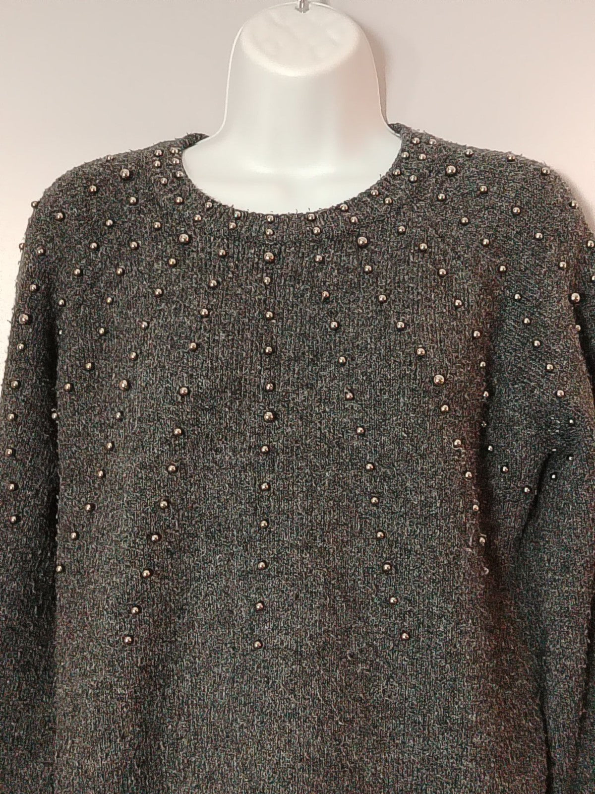 Primark Sweater Womens XS Gray Studded Crewneck Fuzzy Knit Beaded Top Pearl