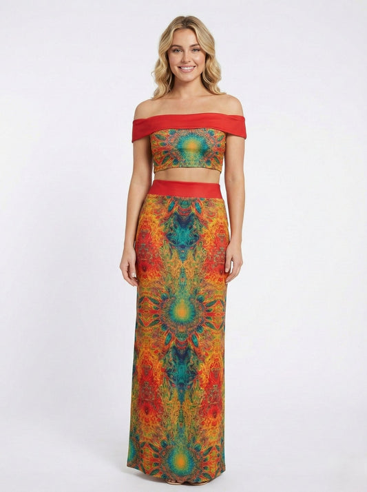 MUSERA Skirt Womens L Maxi Psychedelic Print Foldover Waist Long Skirt Stretch