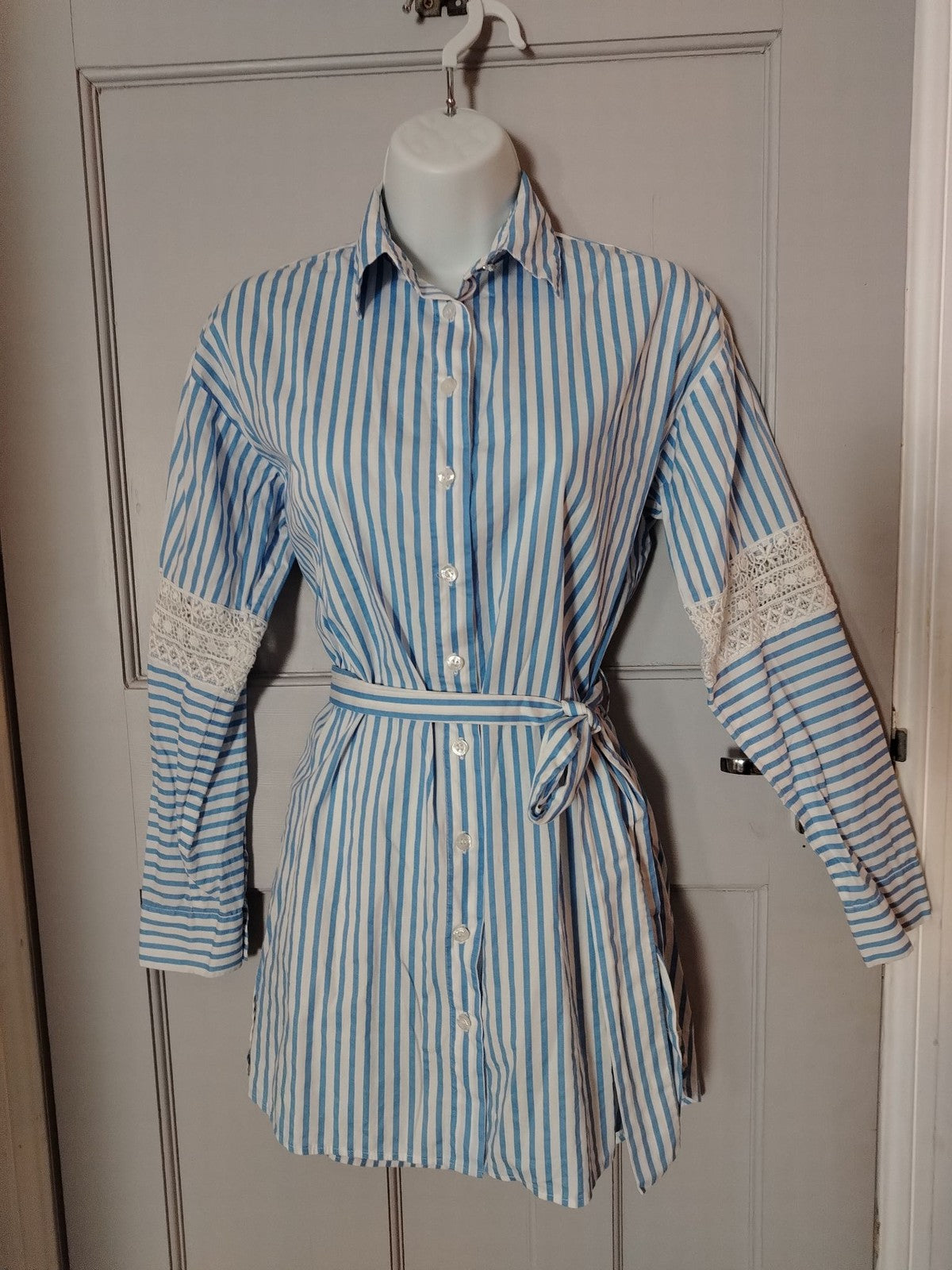 Liu Jo Shirt Dress Womens 38 Blue White Stripe Long Sleeve Lace Belted Buttoned