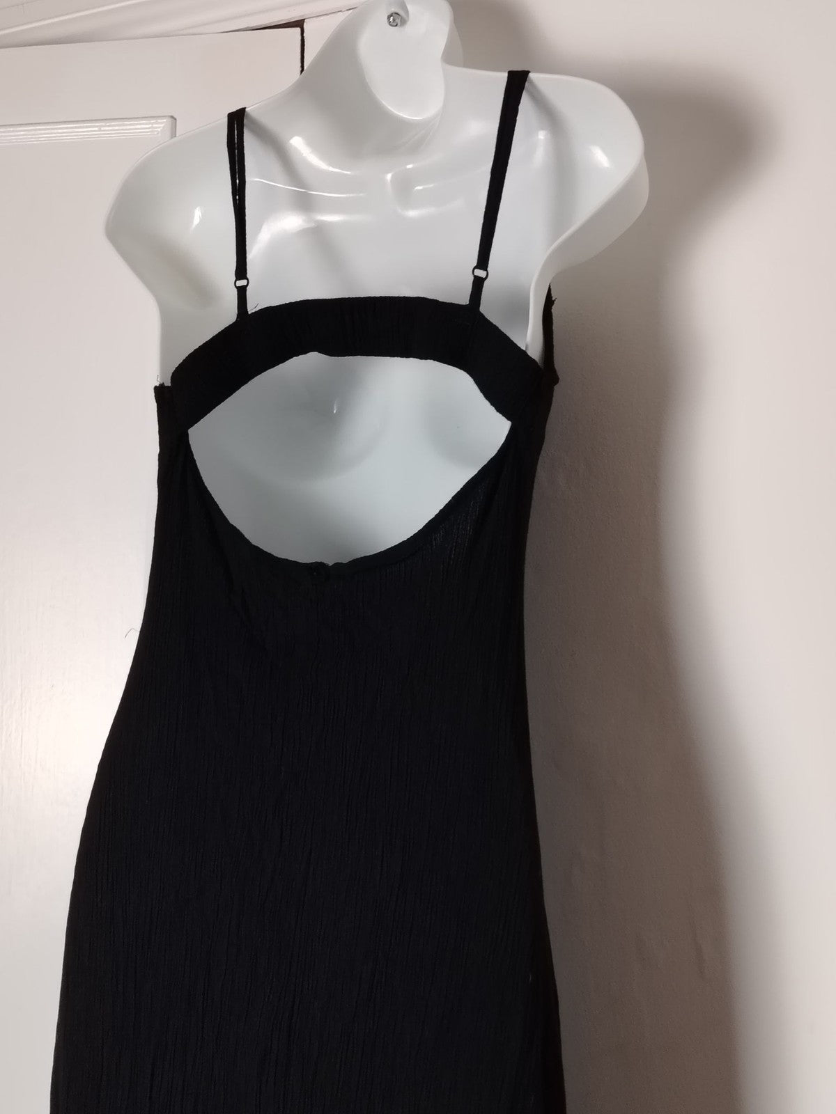 Womens Black Maxi Slip Dress Button Front Spaghetti Straps Cutout Back Crinkle