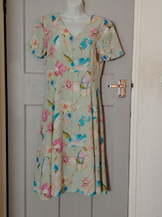 Floral Midi Dress Womens M Pastel Mint Green Watercolor Flower V-Neck Buttons