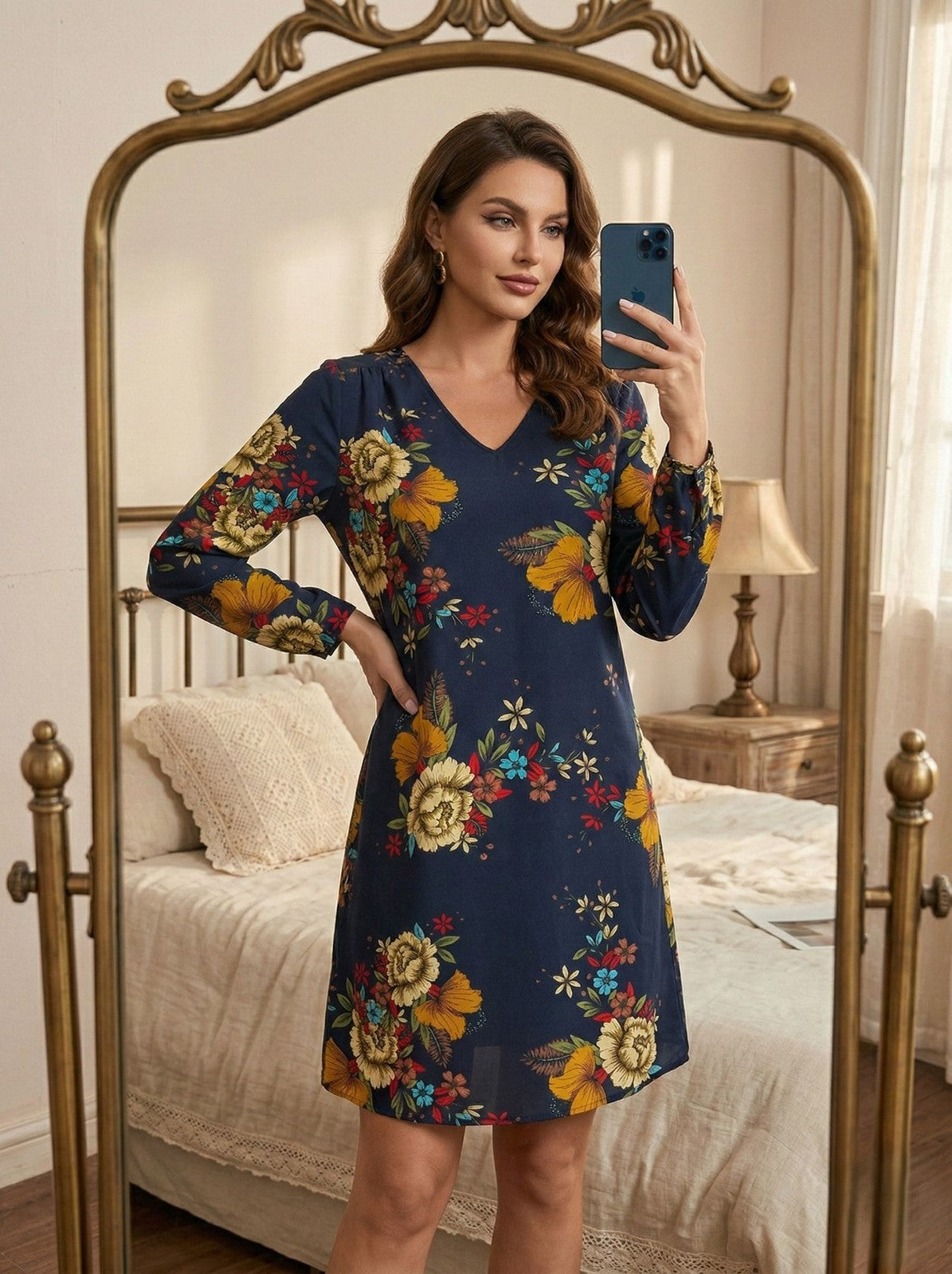 Jacqueline de Yong Dress Womens 40 Navy Floral V Neck Long Sleeve Boho Shift