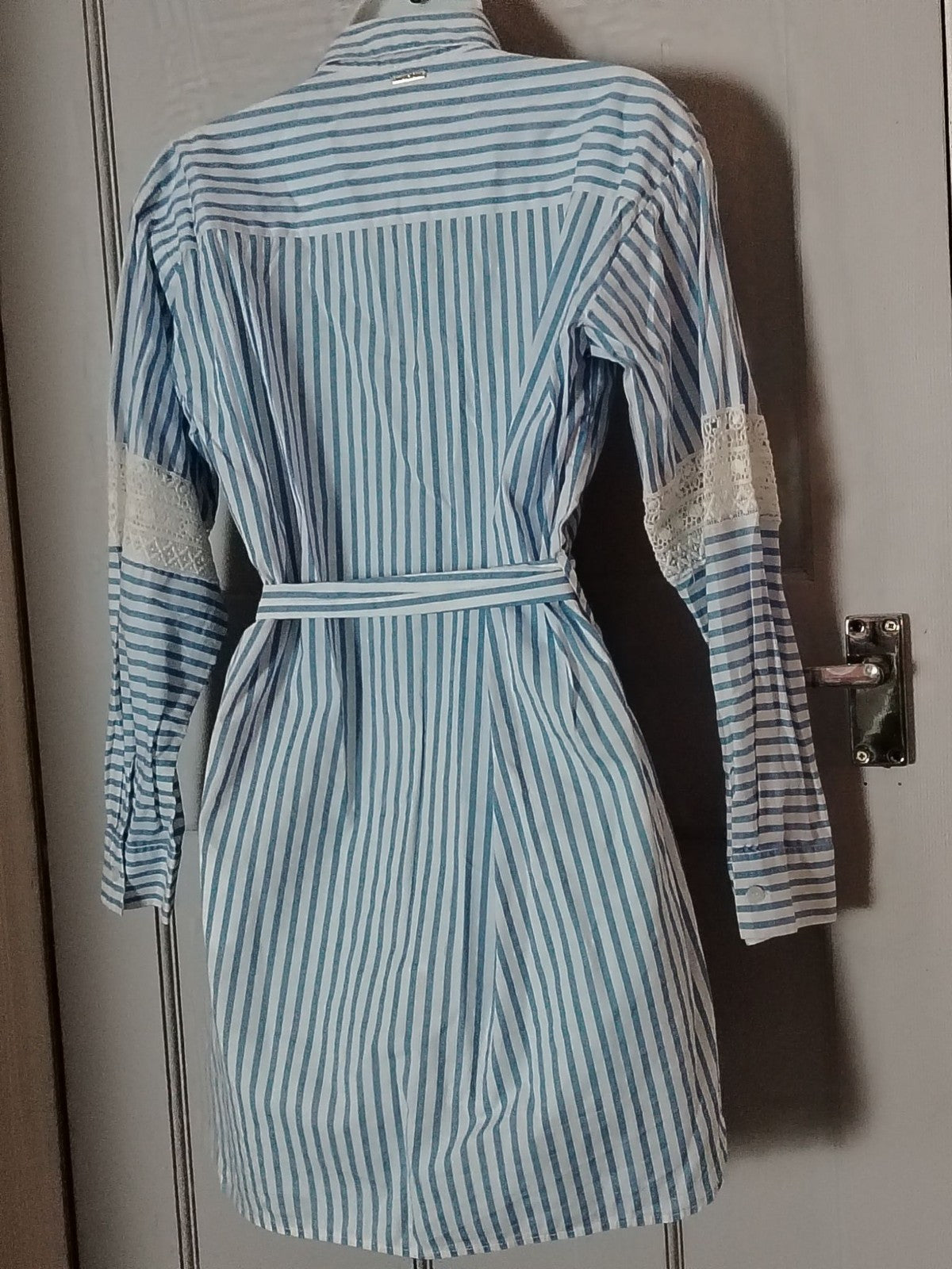 Liu Jo Shirt Dress Womens 38 Blue White Stripe Long Sleeve Lace Belted Buttoned