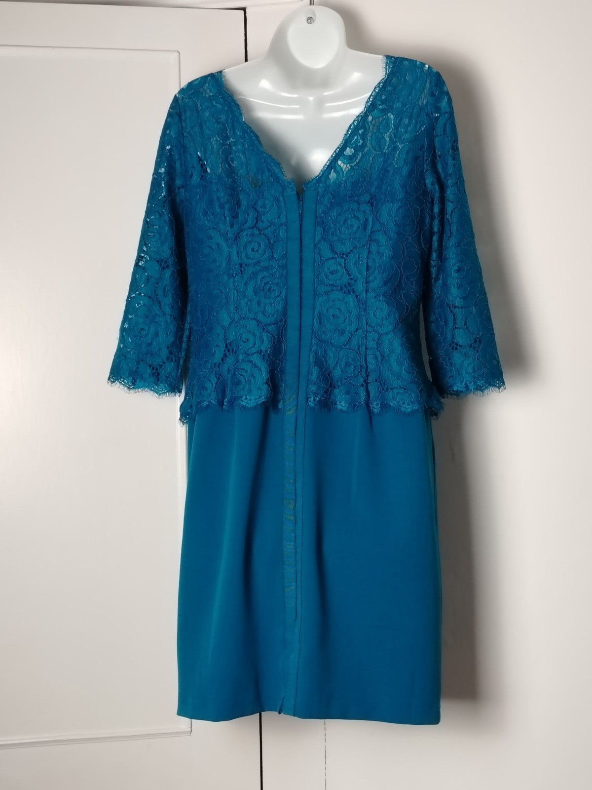 Adrianna Papell Dress Womens UK 12 Teal Lace Overlay V Neck 3/4 Sleeve Formal