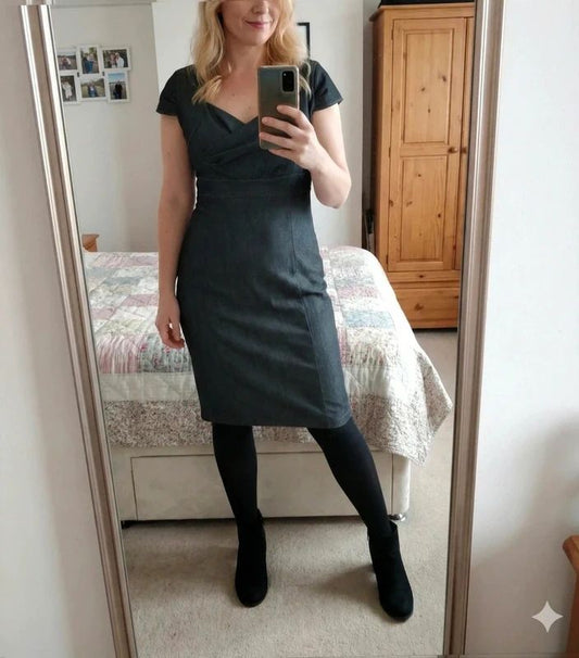 Kim and Co black denim look stretch dress cap sleeve size l fits UK 14 16