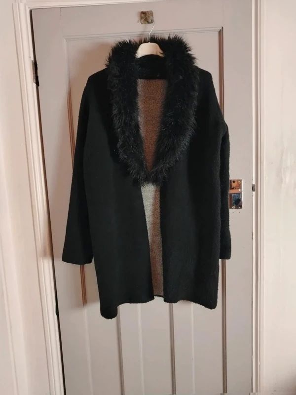 Cortefiel black Faux Fur Cardigan Coat UK 8
