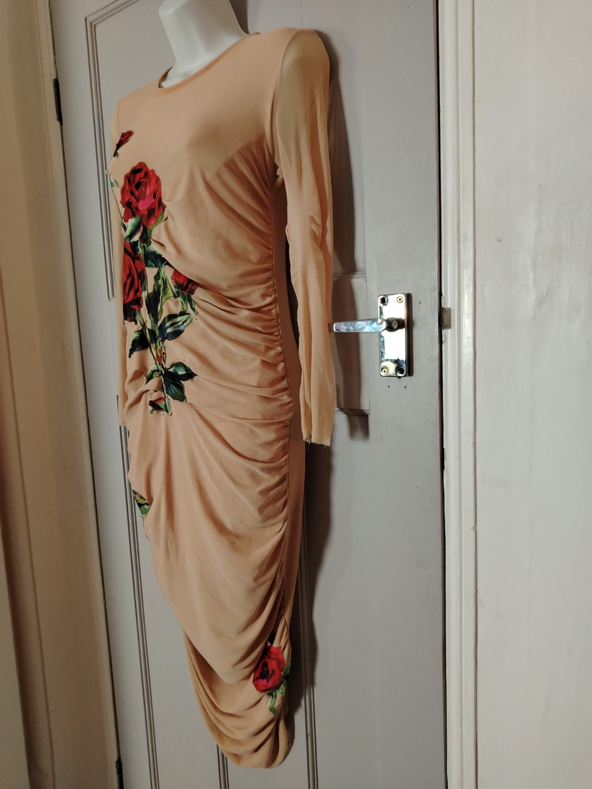 Odee Cutie Nude Beige Ruched Midi Dress Red Rose Floral Long Sleeve UK 8/10 Fair