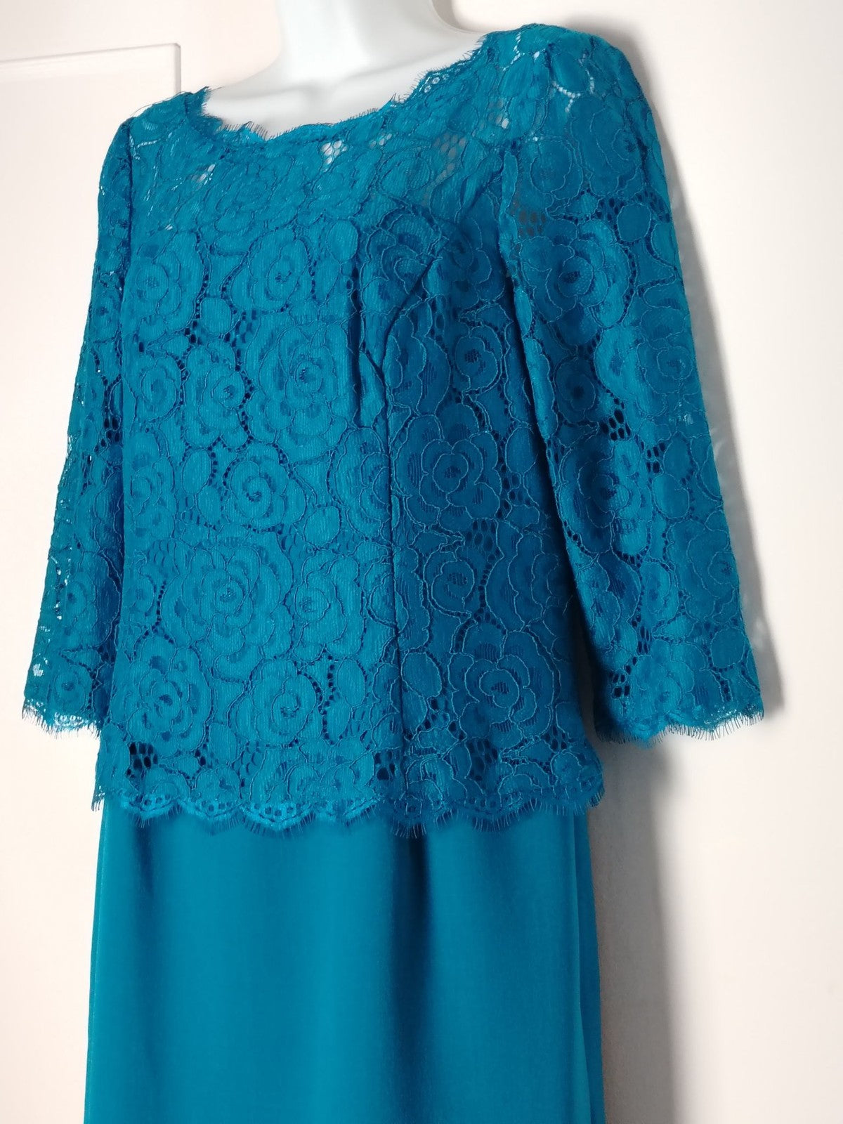 Adrianna Papell Dress Womens UK 12 Teal Lace Overlay V Neck 3/4 Sleeve Formal