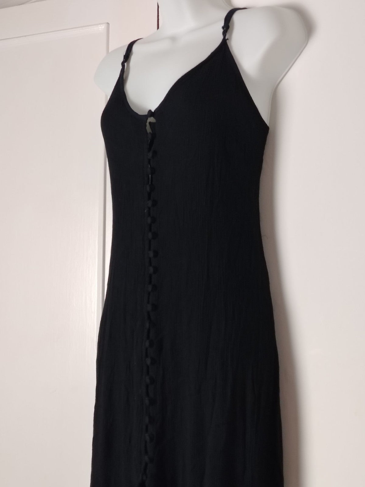 Womens Black Maxi Slip Dress Button Front Spaghetti Straps Cutout Back Crinkle