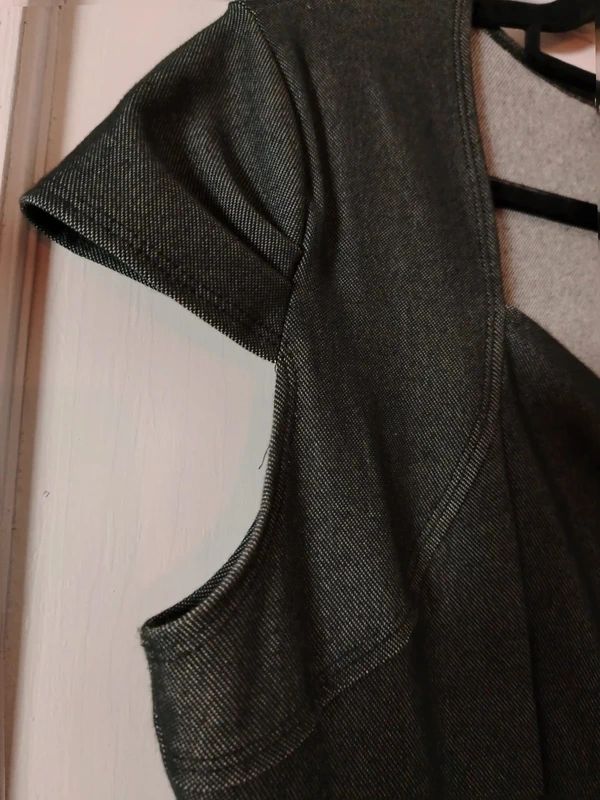 Kim and Co black denim look stretch dress cap sleeve size l fits UK 14 16