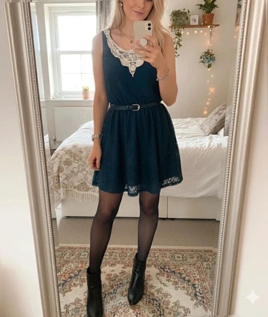 Atmosphere navy lace skater dress with cream Lace collar uk8