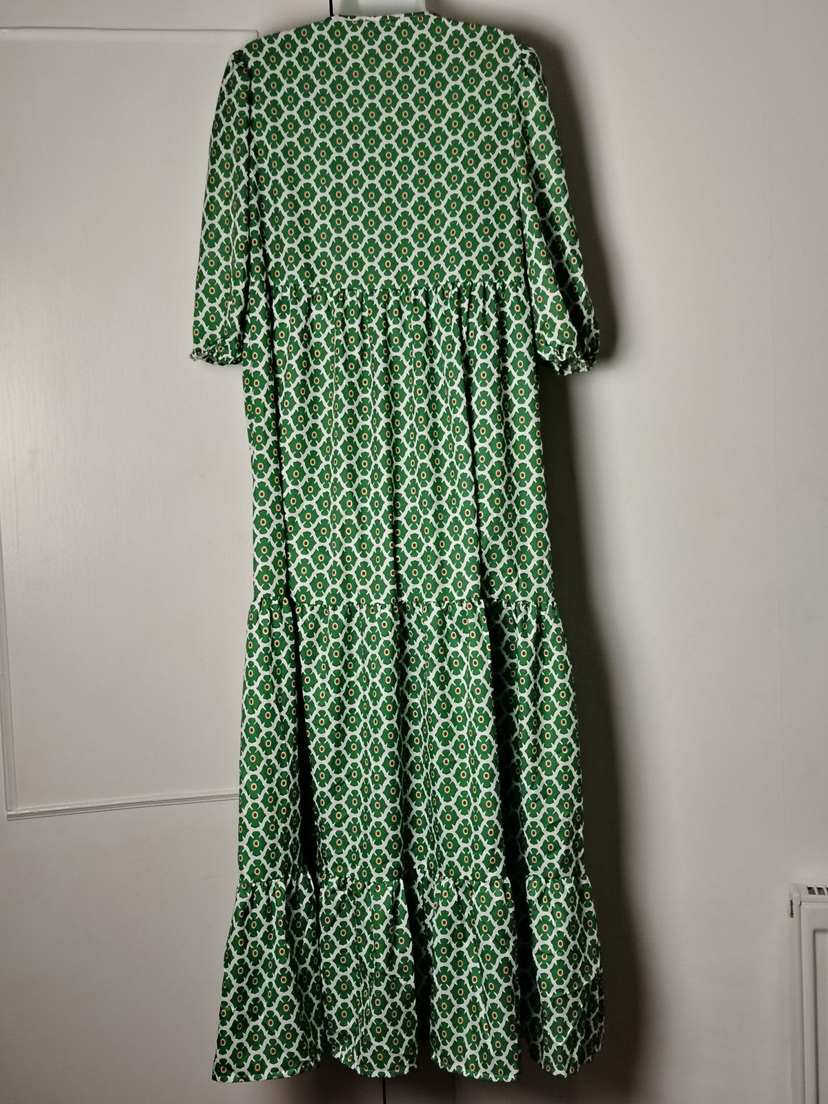 Womens Dress G3 Green Geometric Floral Tiered Maxi V Neck Tie 3/4 Sleeve