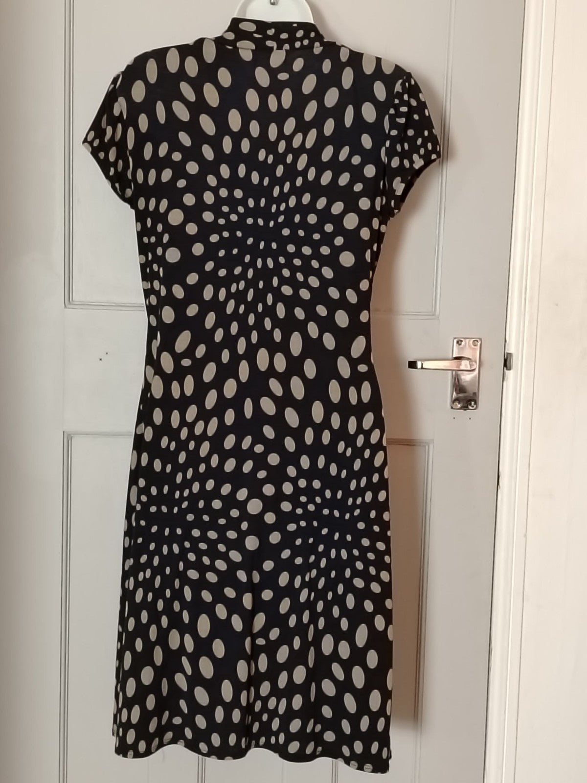 Promod Dress Womens L Navy Polka Dot Wrap VNeck Buckle Short Sleeve Knee Length
