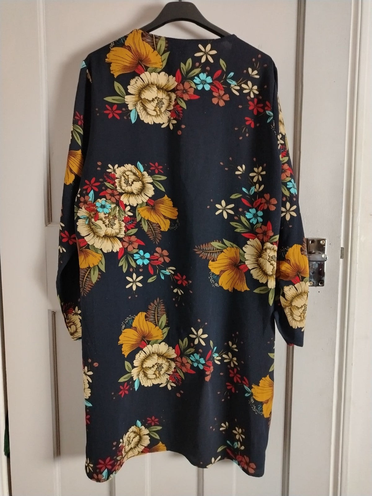Jacqueline de Yong Dress Womens 40 Navy Floral V Neck Long Sleeve Boho Shift