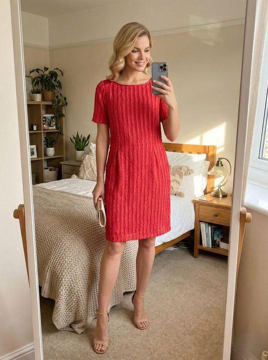 Reiss Dress Womens 6 Pink Textured Ruffle Scoop Neck Short Sleeve Sheath