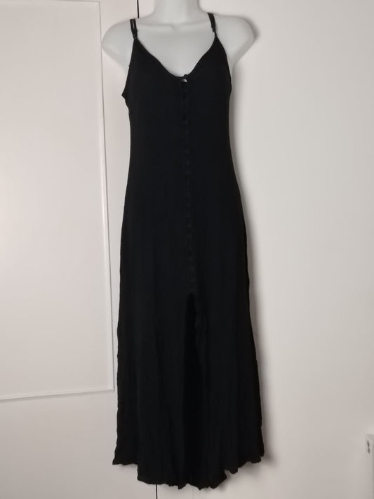 Womens Black Maxi Slip Dress Button Front Spaghetti Straps Cutout Back Crinkle