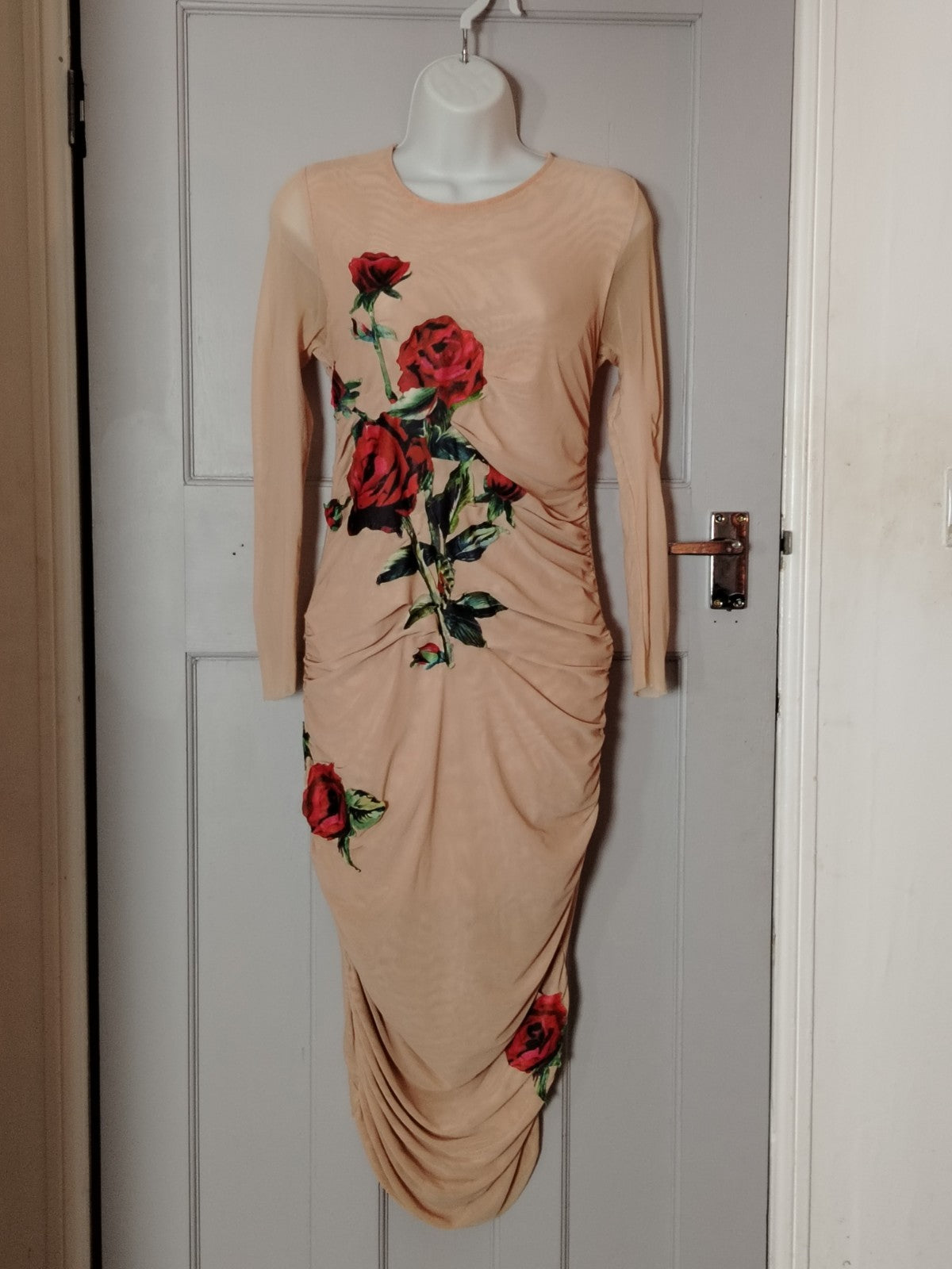 Odee Cutie Nude Beige Ruched Midi Dress Red Rose Floral Long Sleeve UK 8/10 Fair