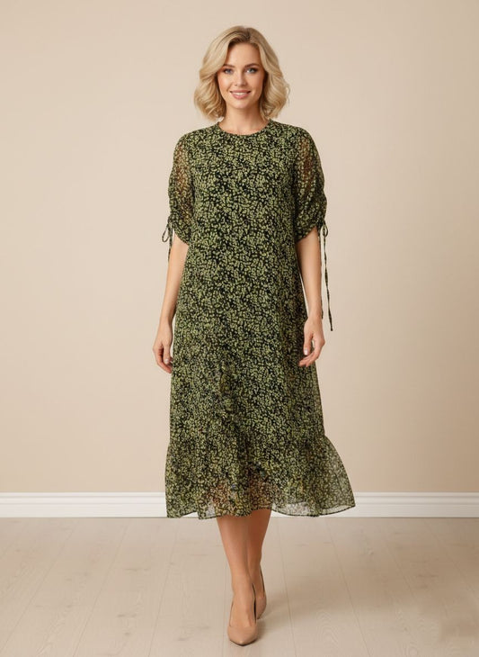 Glamorous Dress Womens S Black Yellow Floral Midi Ruffle Puff Sleeve Tie Waist