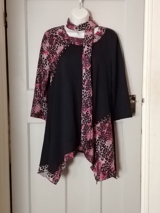Anna Rose Tunic Womens L Black Pink Animal Print Scarf Studded Asymmetric Hem