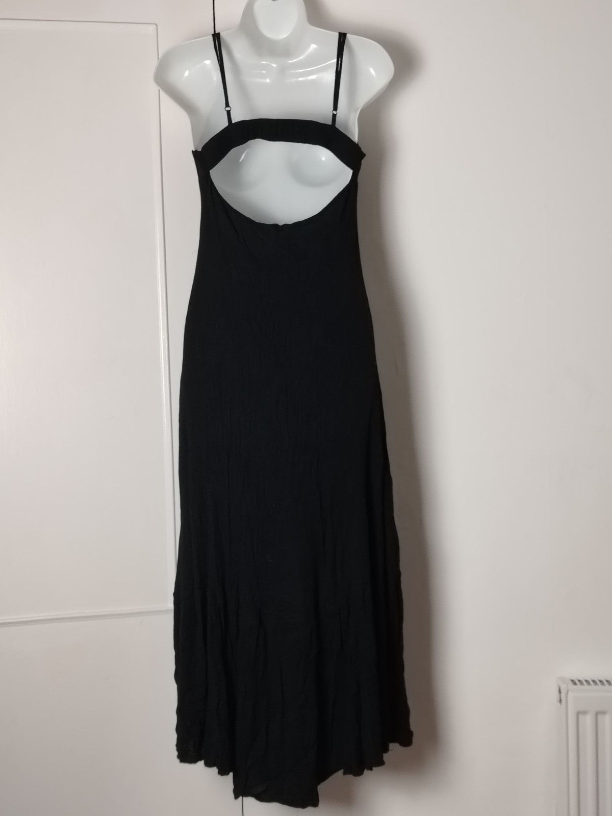 Womens Black Maxi Slip Dress Button Front Spaghetti Straps Cutout Back Crinkle