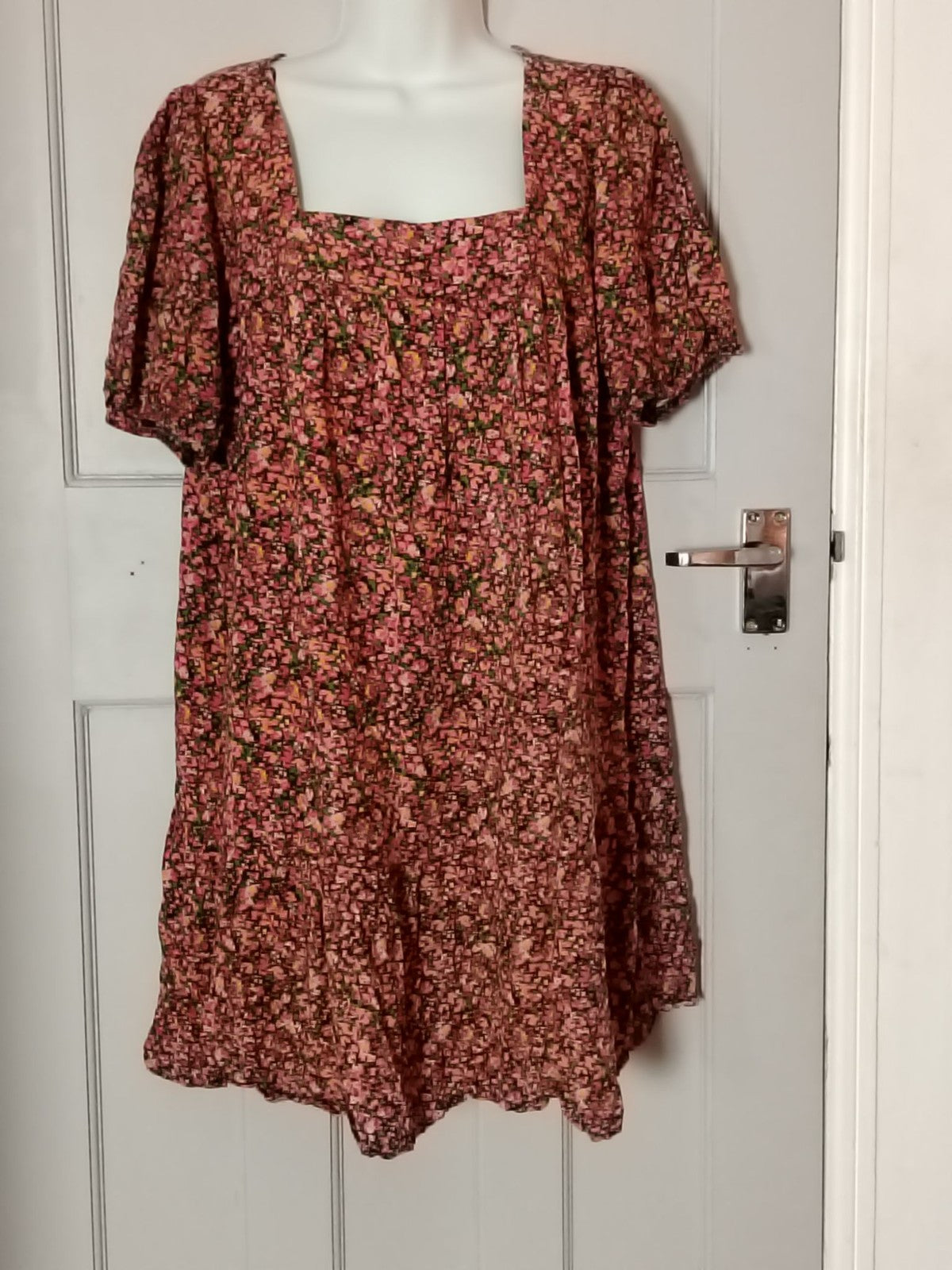 Papaya Dress Womens 18 Pink Floral Square Neck Puff Sleeve Tiered Ruffle Hem