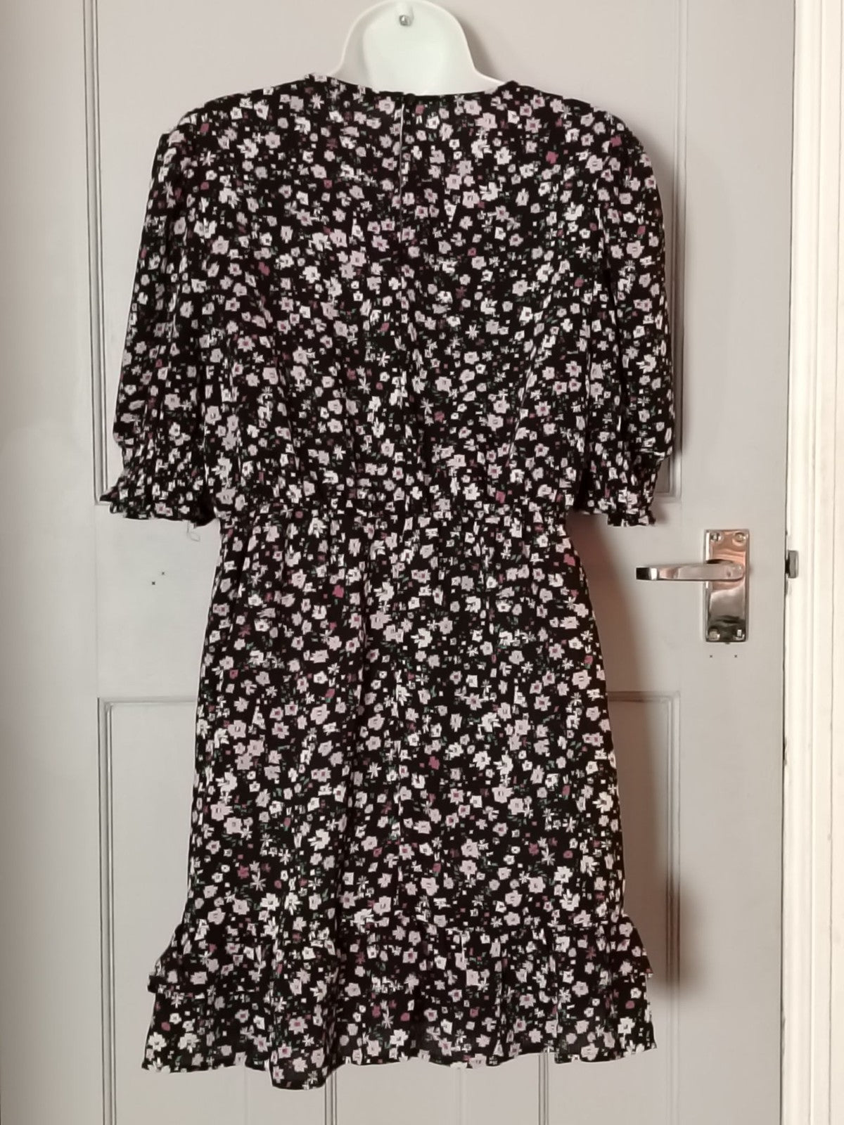Dorothy Perkins Dress Womens UK14 US10 Black Pink Floral Puff Sleeve Ruffle