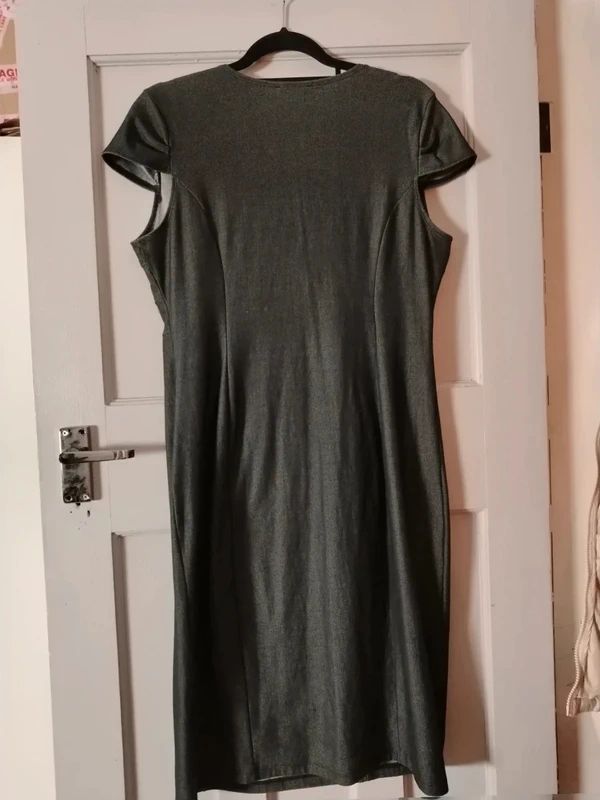 Kim and Co black denim look stretch dress cap sleeve size l fits UK 14 16