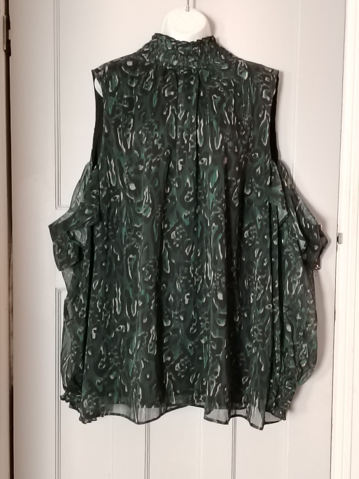 Yours London Blouse Womens UK 30-32 Green Sheer Cold Shoulder Smocked Sleeve