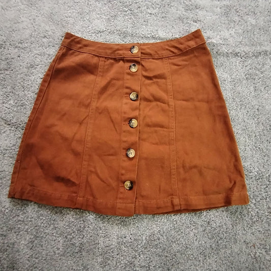 New Look Denim Skirt Women's UK10 Button Front A Line Rust Brown Patch Pockets