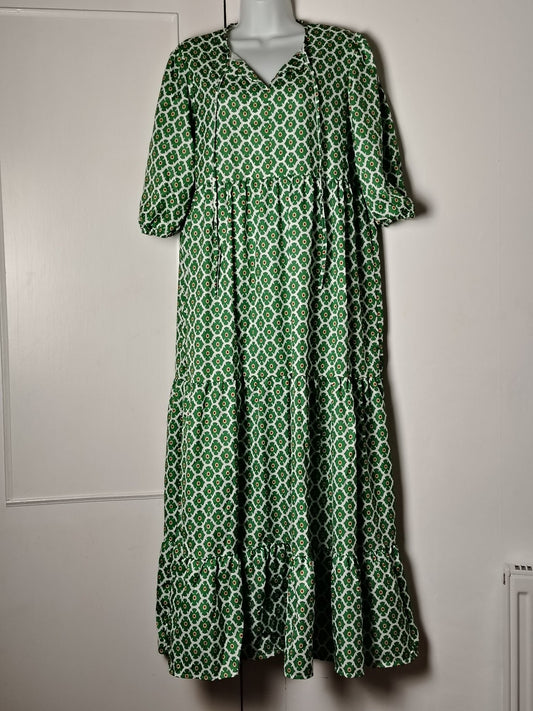 Womens Dress G3 Green Geometric Floral Tiered Maxi V Neck Tie 3/4 Sleeve