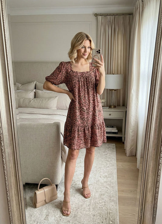 Papaya Dress Womens 18 Pink Floral Square Neck Puff Sleeve Tiered Ruffle Hem