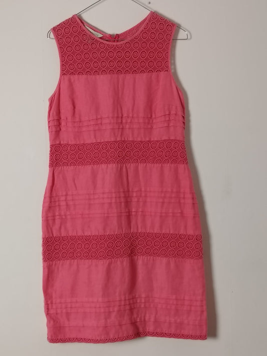 Monsoon Dress Womens 8 Linen Shift Sleeveless Crochet Lace Back Zip Coral Pink