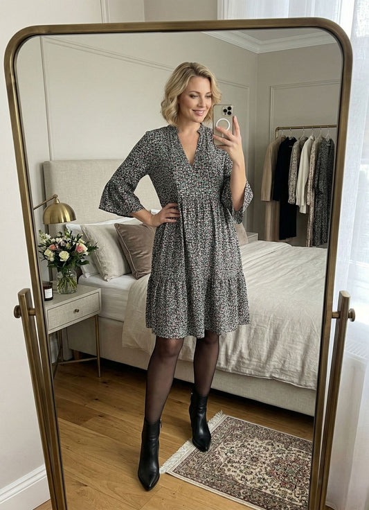 KAFFE Dress Womens 42 Floral Tiered V-Neck Bell Sleeve Empire Black Pink Teal