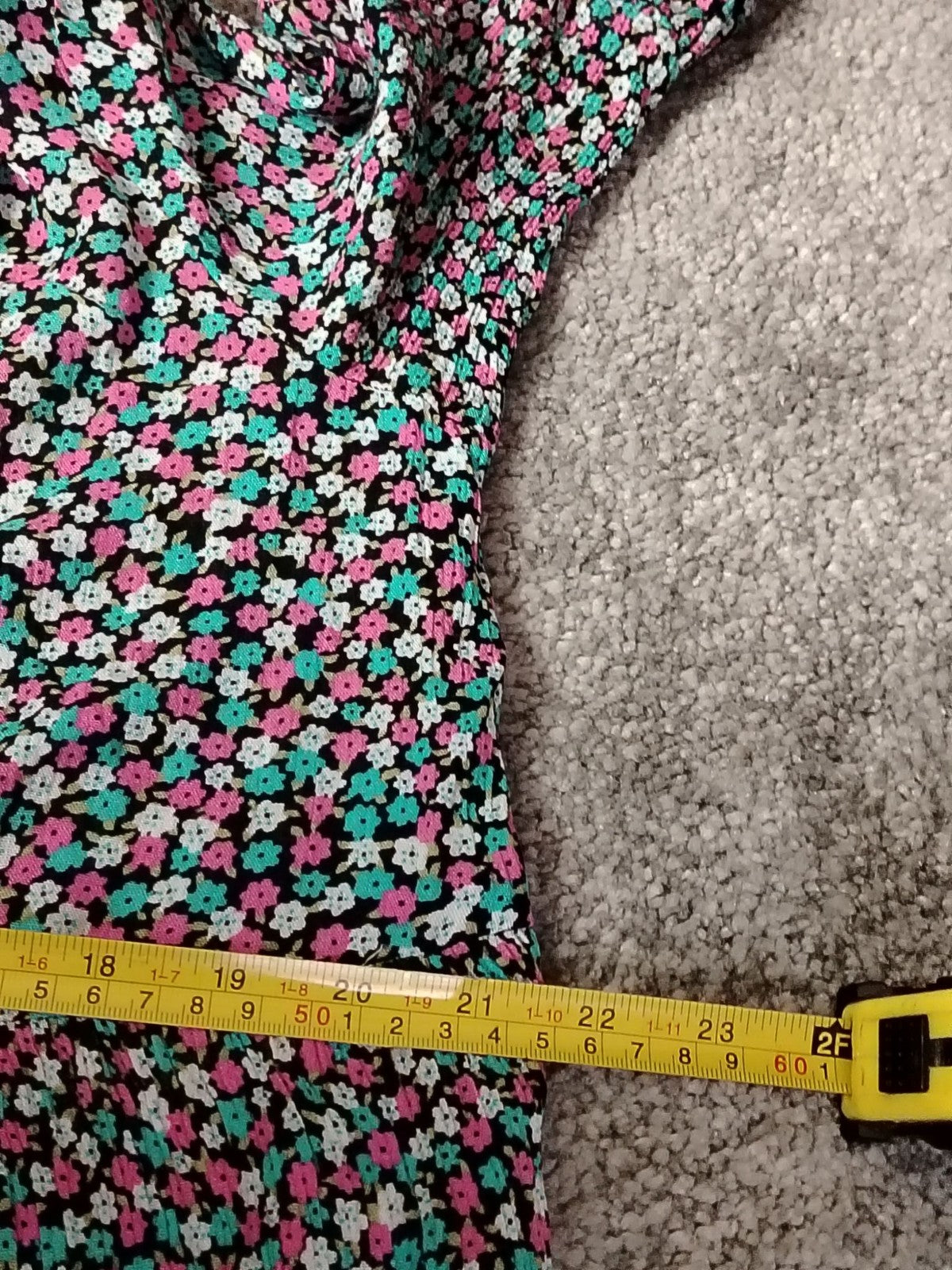 KAFFE Dress Womens 42 Floral Tiered V-Neck Bell Sleeve Empire Black Pink Teal
