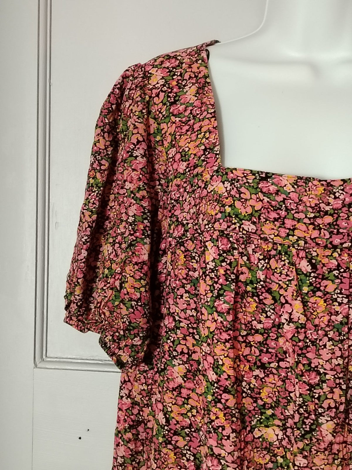 Papaya Dress Womens 18 Pink Floral Square Neck Puff Sleeve Tiered Ruffle Hem