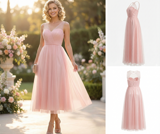 iEFiEL Pink Tulle Maxi Dress Size 12 Prom Bridesmaid Formal Evening Gown Ruched