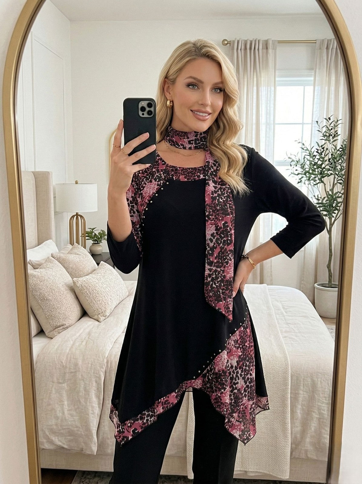 Anna Rose Tunic Womens L Black Pink Animal Print Scarf Studded Asymmetric Hem