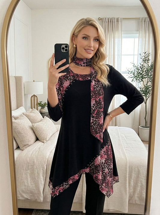 Anna Rose Tunic Womens L Black Pink Animal Print Scarf Studded Asymmetric Hem