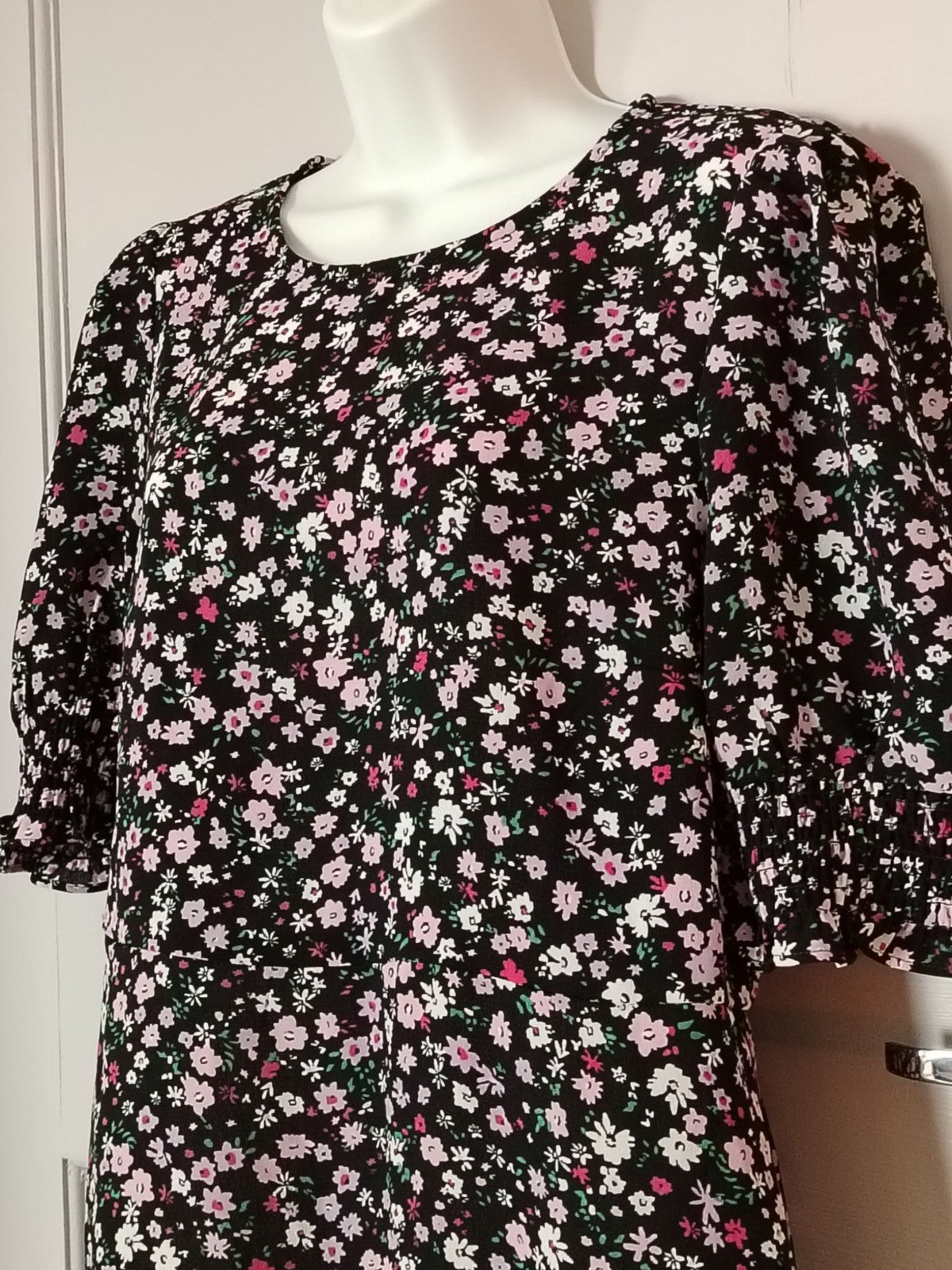 Dorothy Perkins Dress Womens UK14 US10 Black Pink Floral Puff Sleeve Ruffle