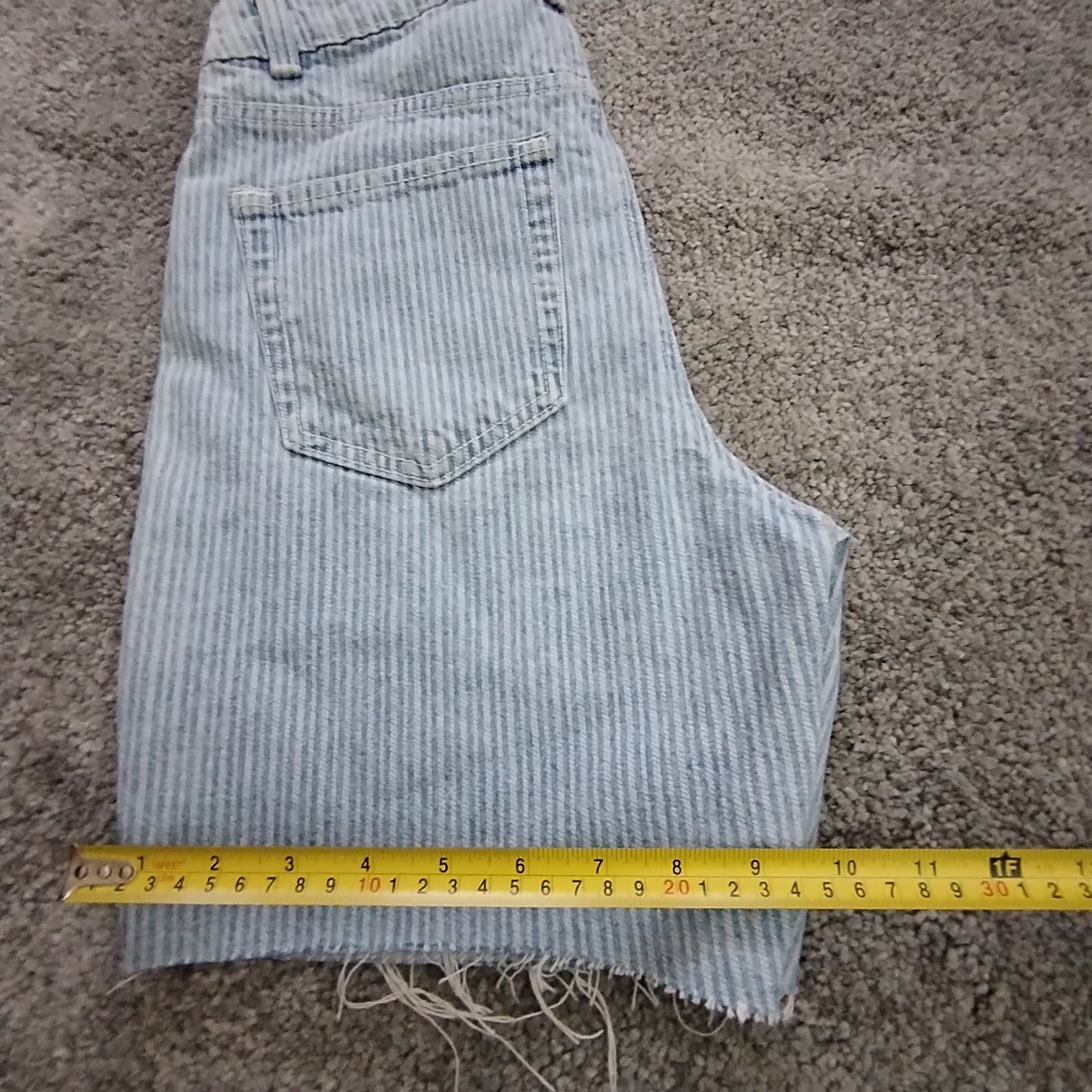 Denim Shorts Women's UK4 Boyfriend High Rise Light Blue Striped Frayed Raw Hem