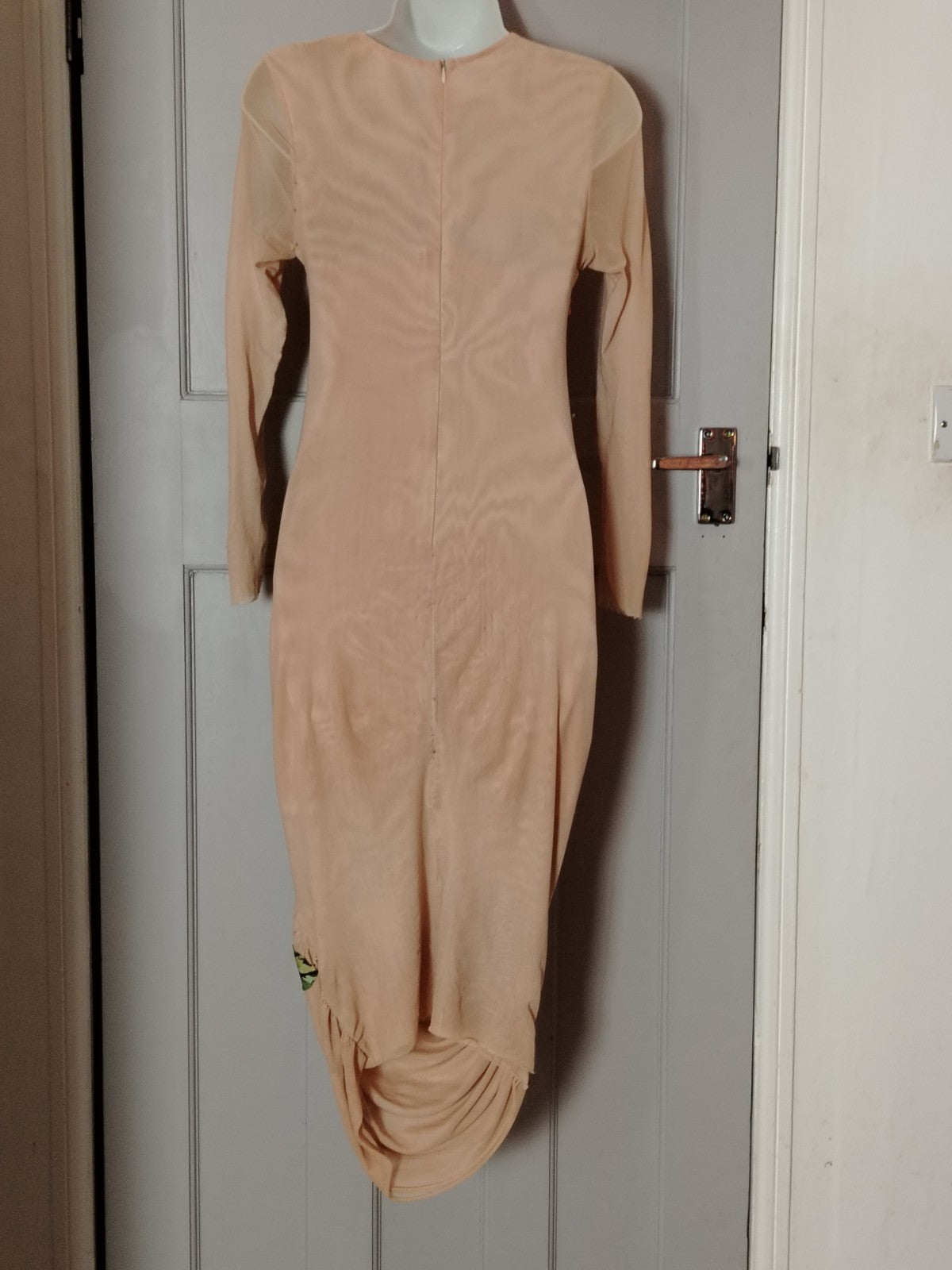 Odee Cutie Nude Beige Ruched Midi Dress Red Rose Floral Long Sleeve UK 8/10 Fair